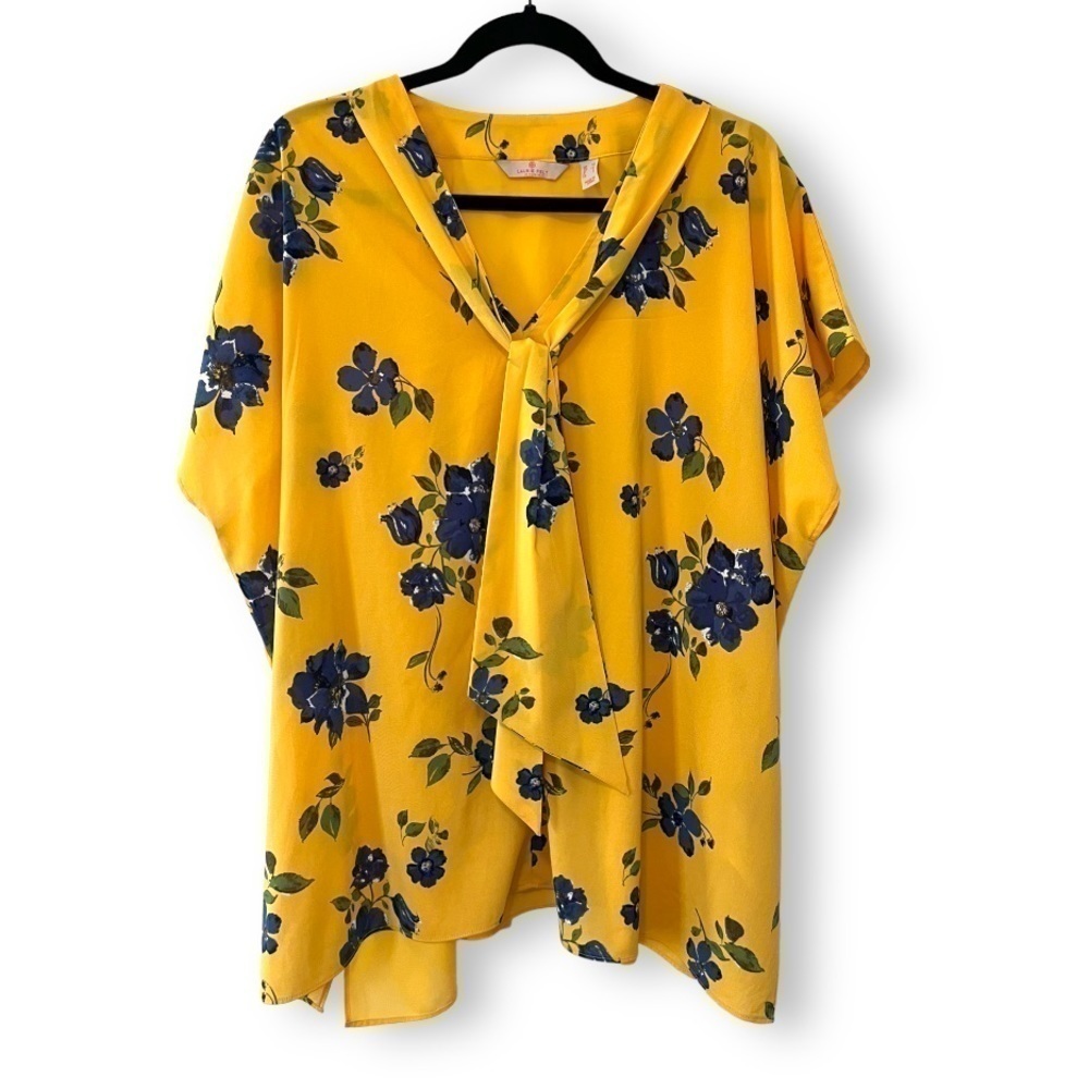Laurie Felt Los Angeles Yellow Floral Dolman Sleeve V neck Tunic Blouse